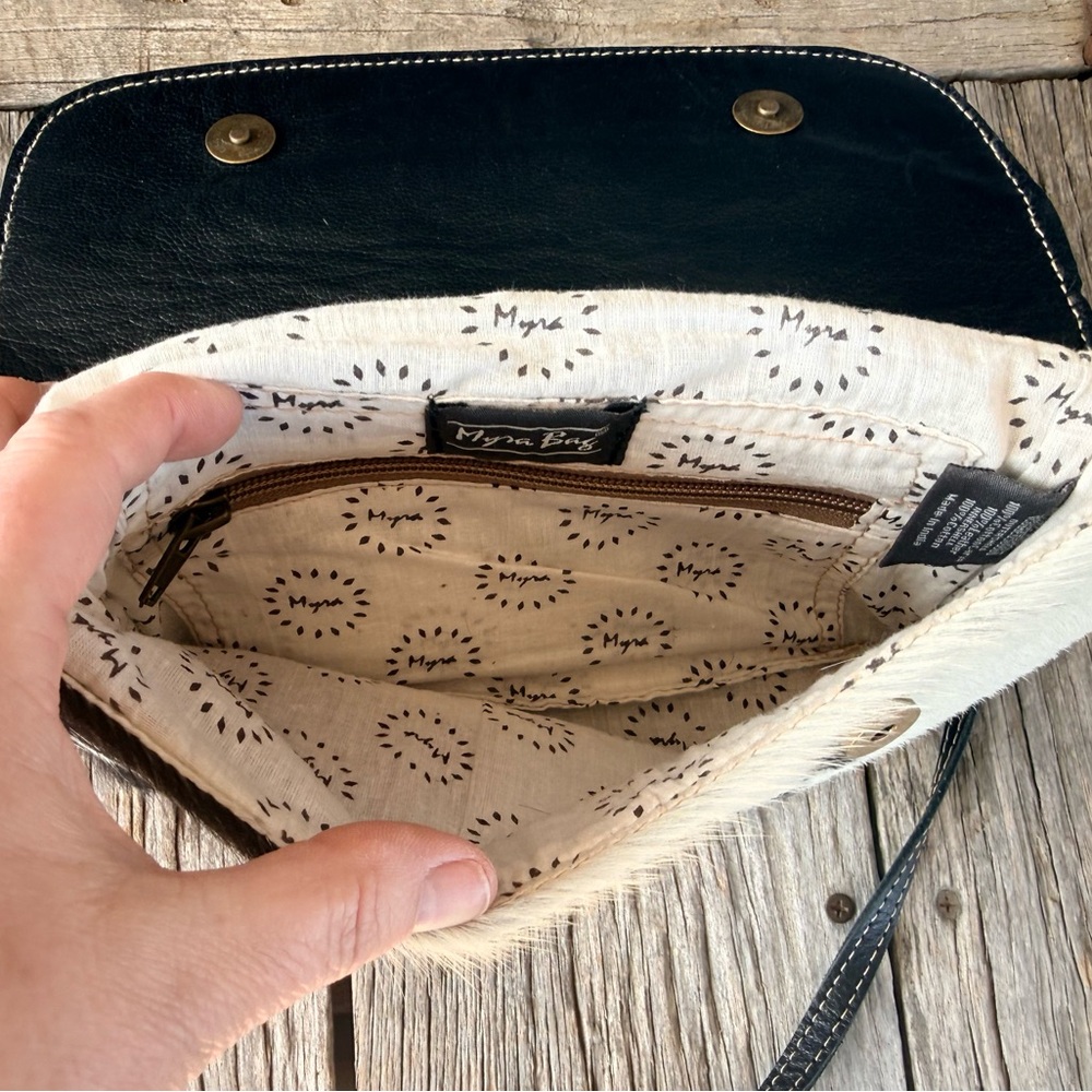 Myra Bag Blue Crescent Hand Tooled Leather Cow Hide Hair On Bag purse - Picture 7 of 9